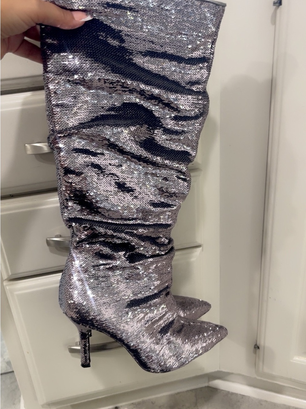 Sequin Knee-High Stiletto Boots in Silver